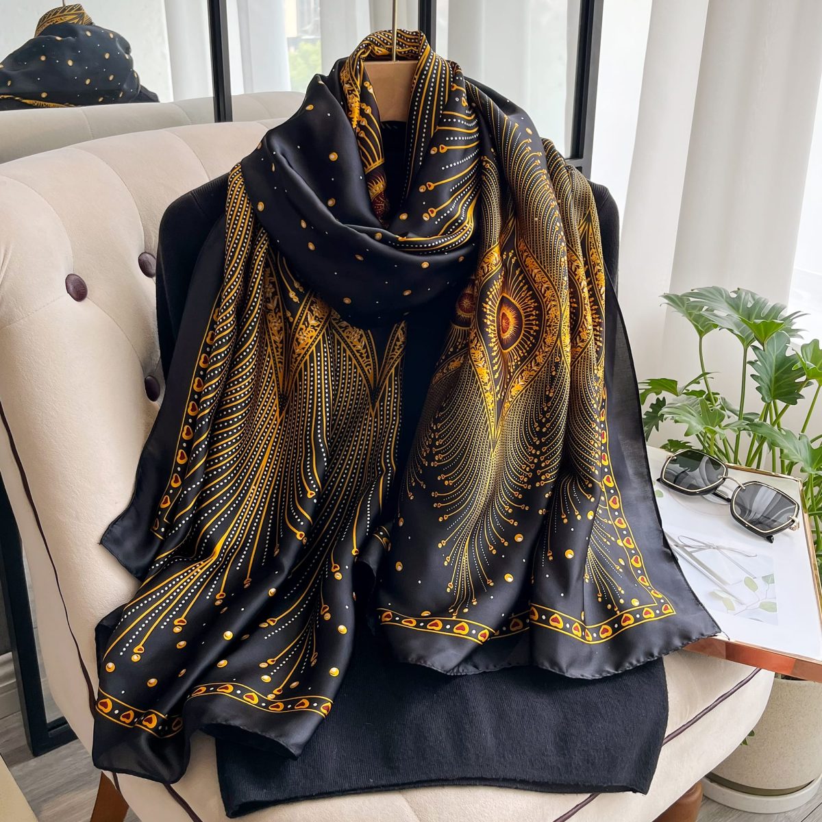 Aureolin Black & Gold Printed Silk Scarf – view 2
