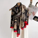 Beige Roses Flowers Satin Red & Black Printed Silk Scarf – view 3