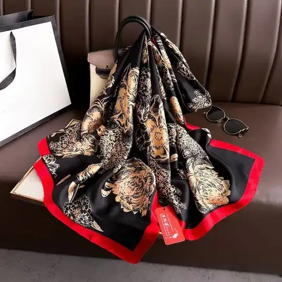 Beige Roses Flowers Satin Red & Black Printed Silk Scarf – view 2