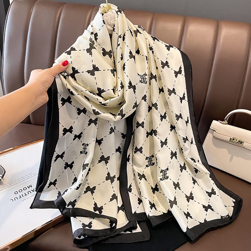 White Classic Printed Silk Scarf 2 – HeadScarf.pk