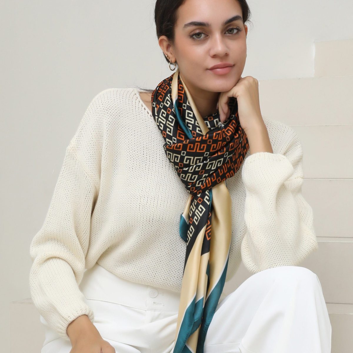 Deep Peach Printed Silk Scarf – view 5