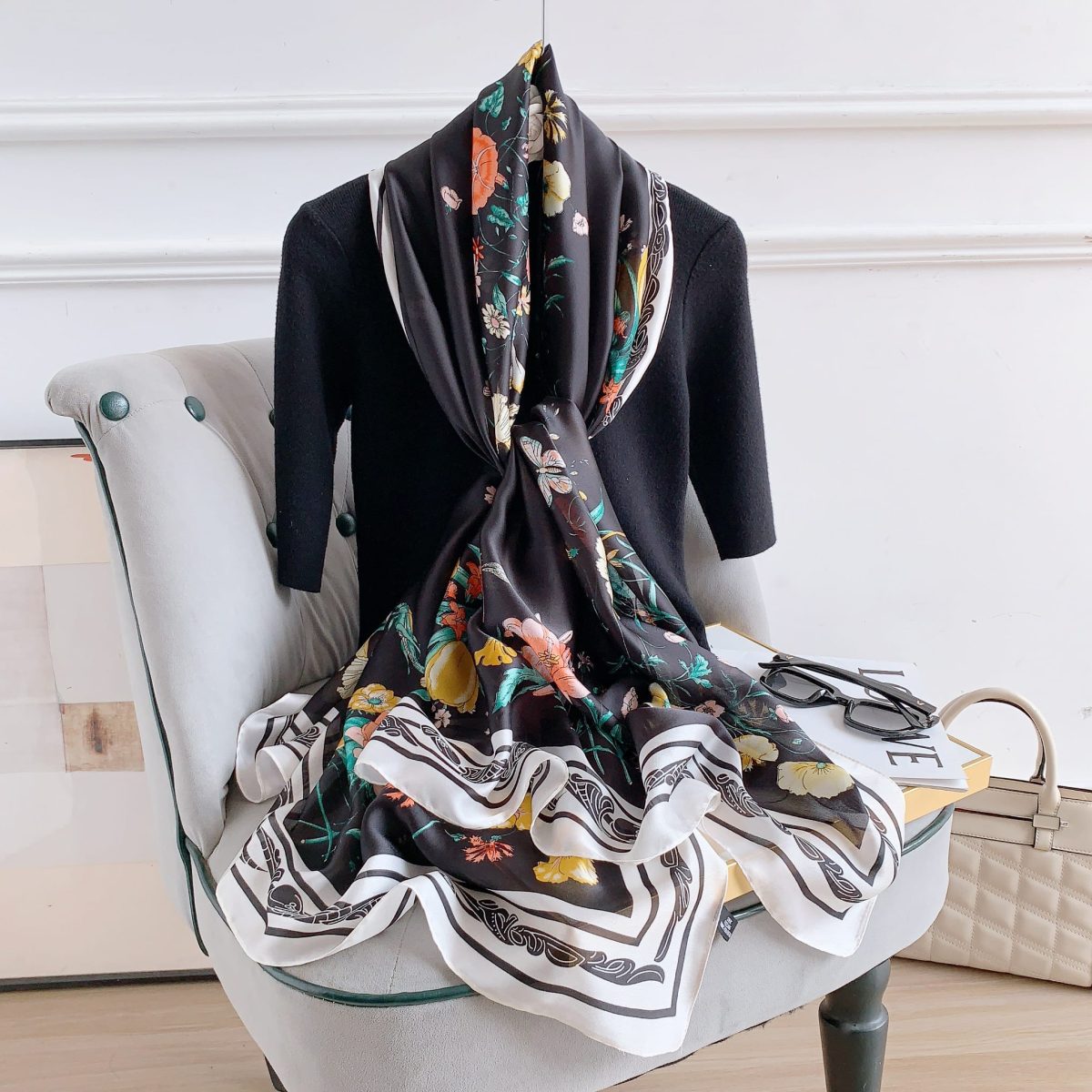 Black Aura Printed Silk Scarf – HeadScarf.pk