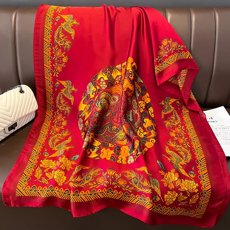 Old Red Printed Silk Scarf – view 2